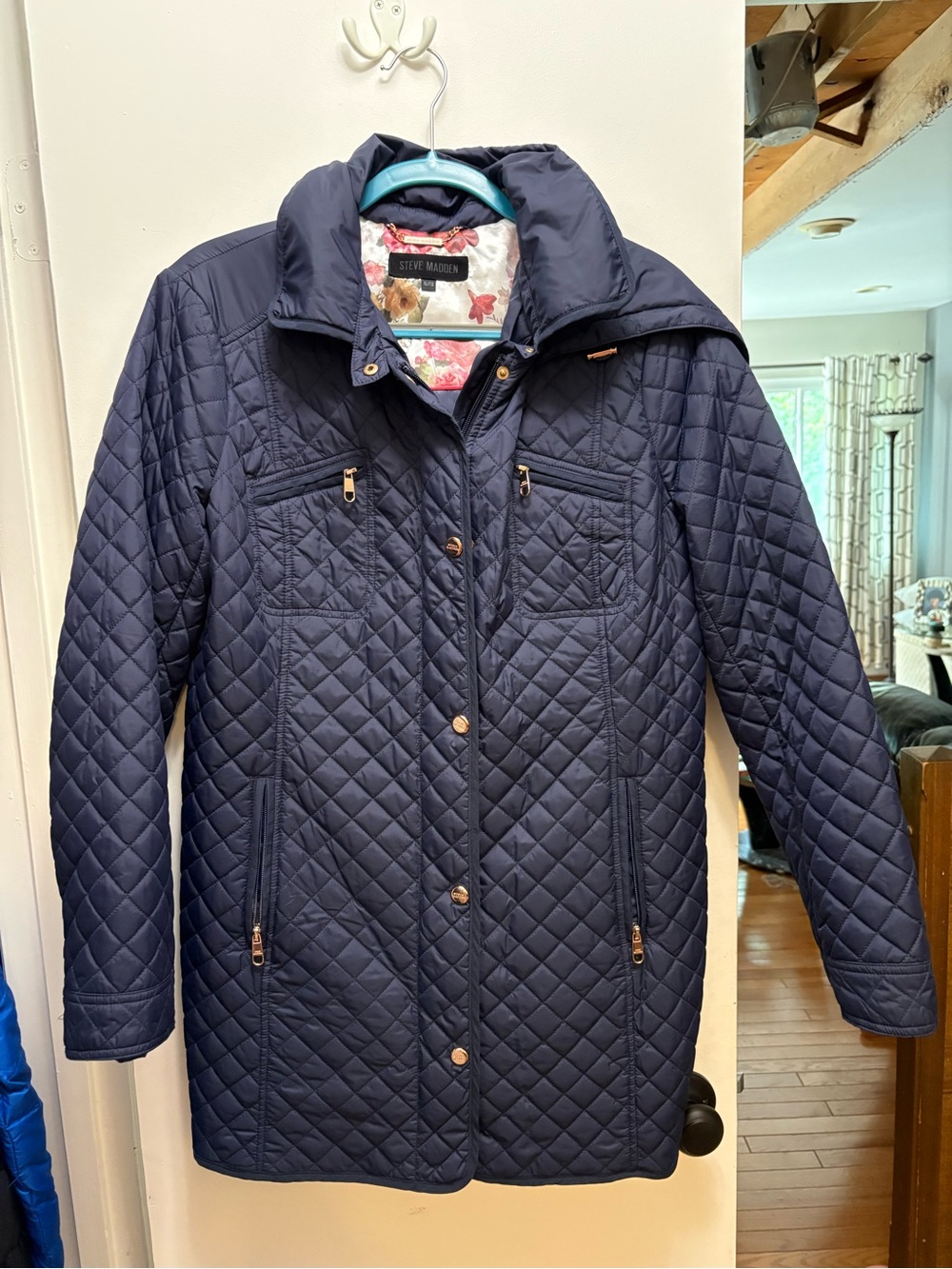 Like New Steve Madden Navy Quilted Long Coat
